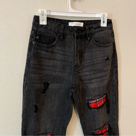 Kancan Black Plaid Patch Distressed High Rise Slim Straight Jeans - Picture 7 of 7